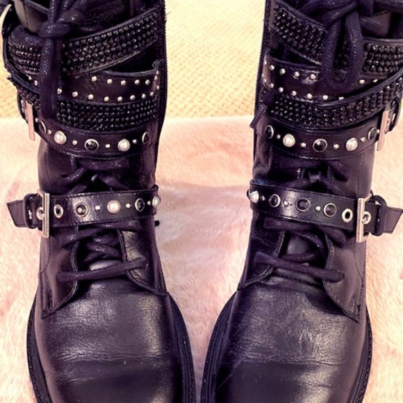 Zara Rhinestone & Pearl Combat Boots Size 7 - Picture 1 of 6